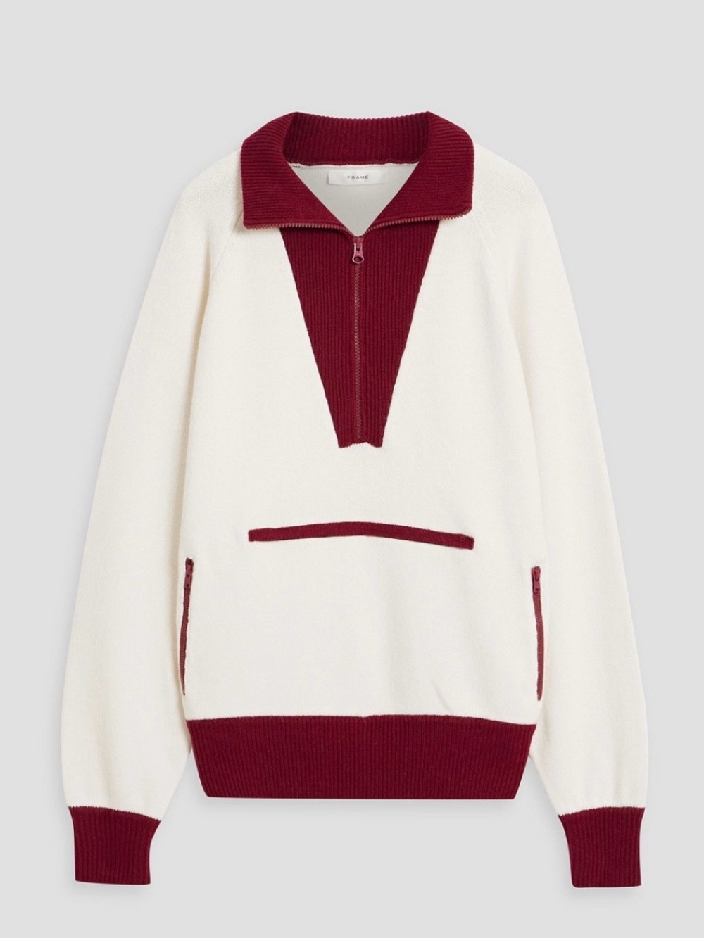 Frame White and Burgundy Zip Pullover anorak Sweater